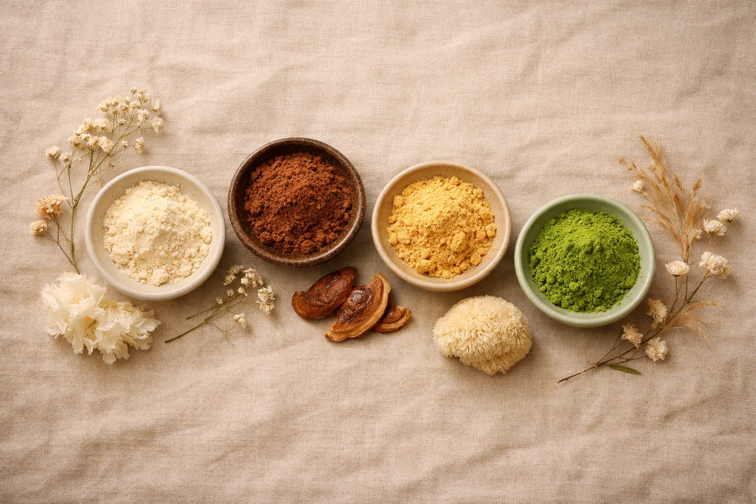 Four Teelixir adaptogenic powders - Tremella, Reishi, Lion's Mane, and Matcha for skin health