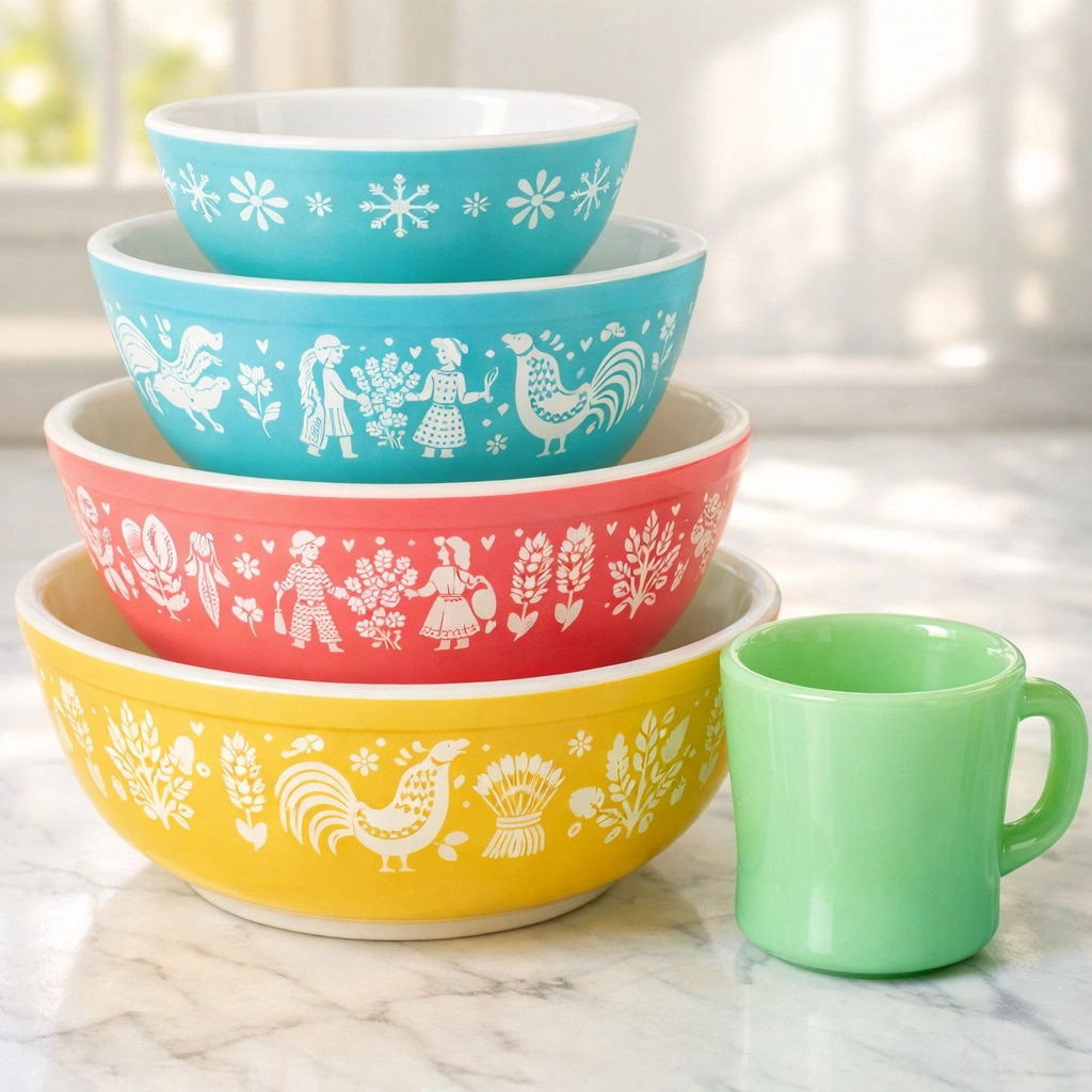 Collectable vintage Pyrex bowls and jadeite kitchenware found while thrifting for high profit resale.