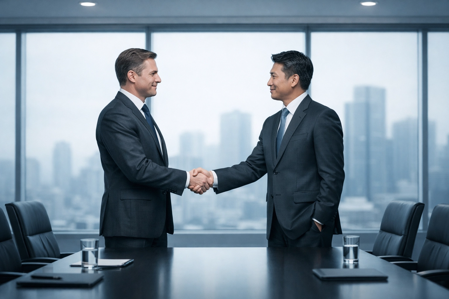 Professionals shaking hands in a boardroom, representing a successful Alabama franchise business resale.