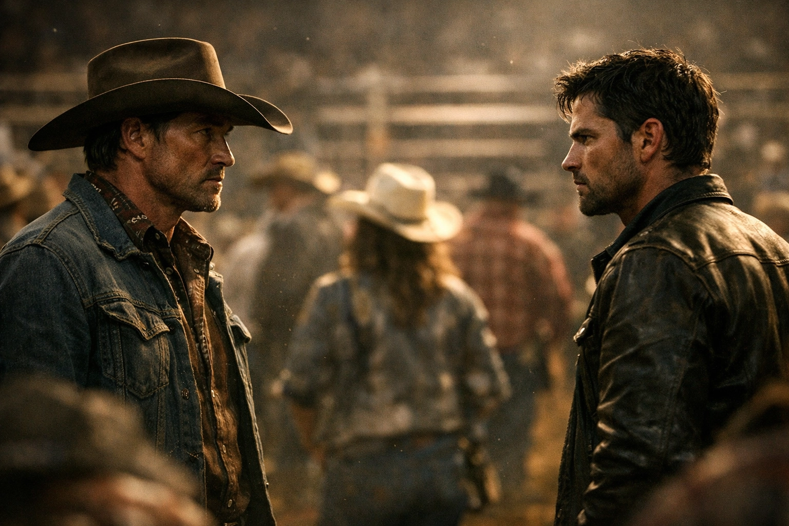 Gay cowboys in rodeo arena depicting hidden MM romance tension in western setting