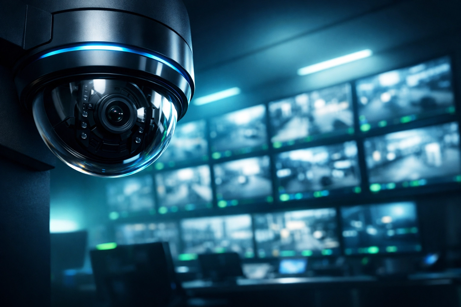 IP surveillance camera in professional security monitoring center with live CCTV feed displays