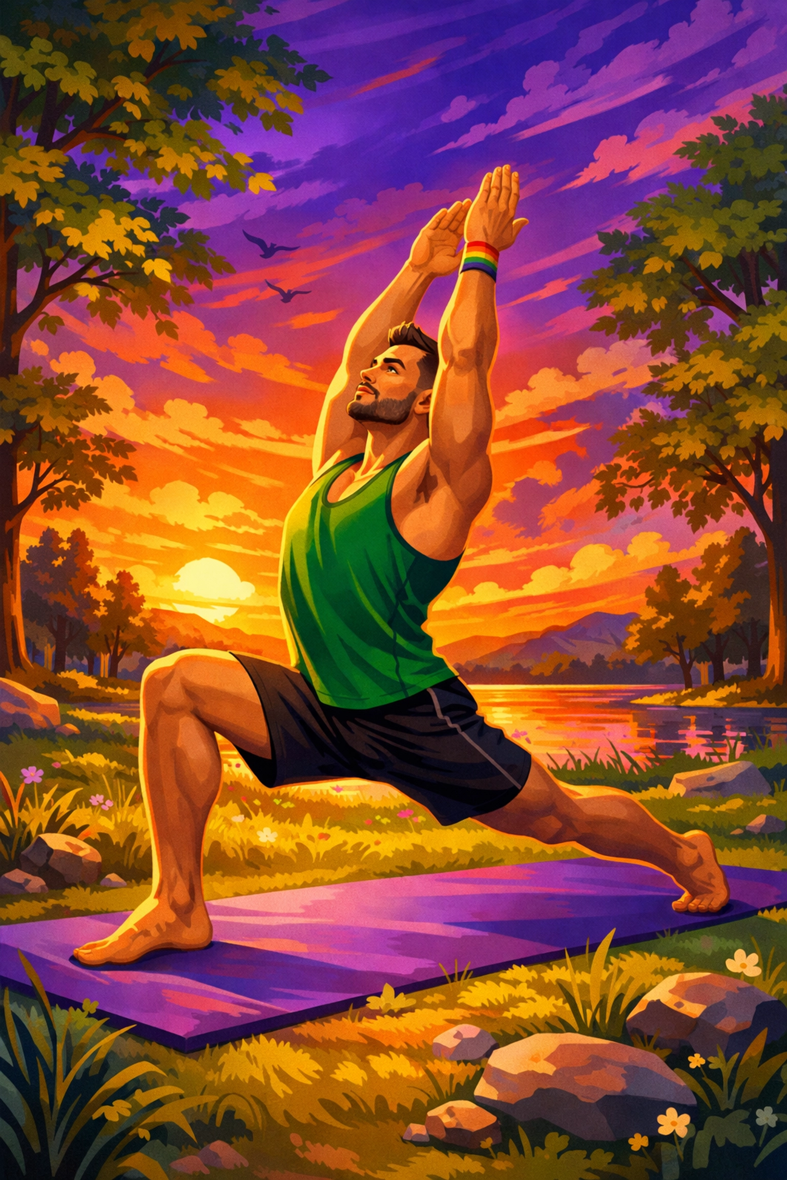 Gay man practicing yoga outdoors for Valentine's Day self-care and wellness