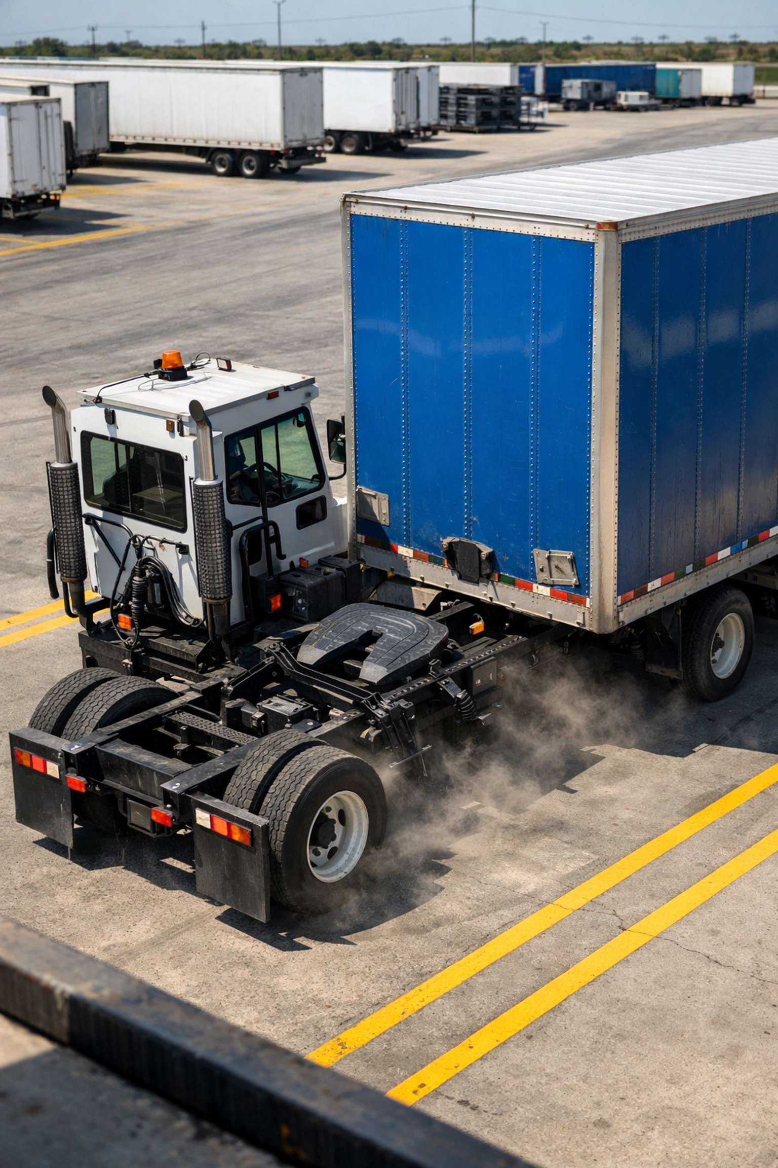 Terminal tractor backing under a shipping trailer at a busy Texas distribution center.