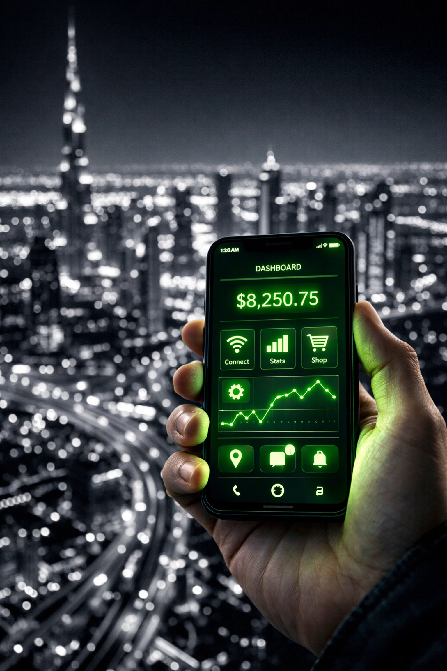 Dubai skyline with smartphone showing custom mobile app interface design