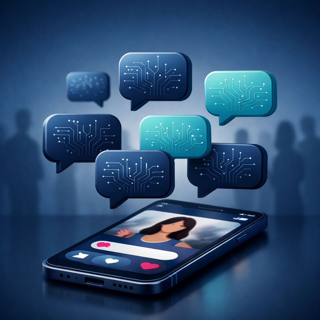 AI-powered chatbots managing multiple dating app conversations simultaneously in romance scam operation