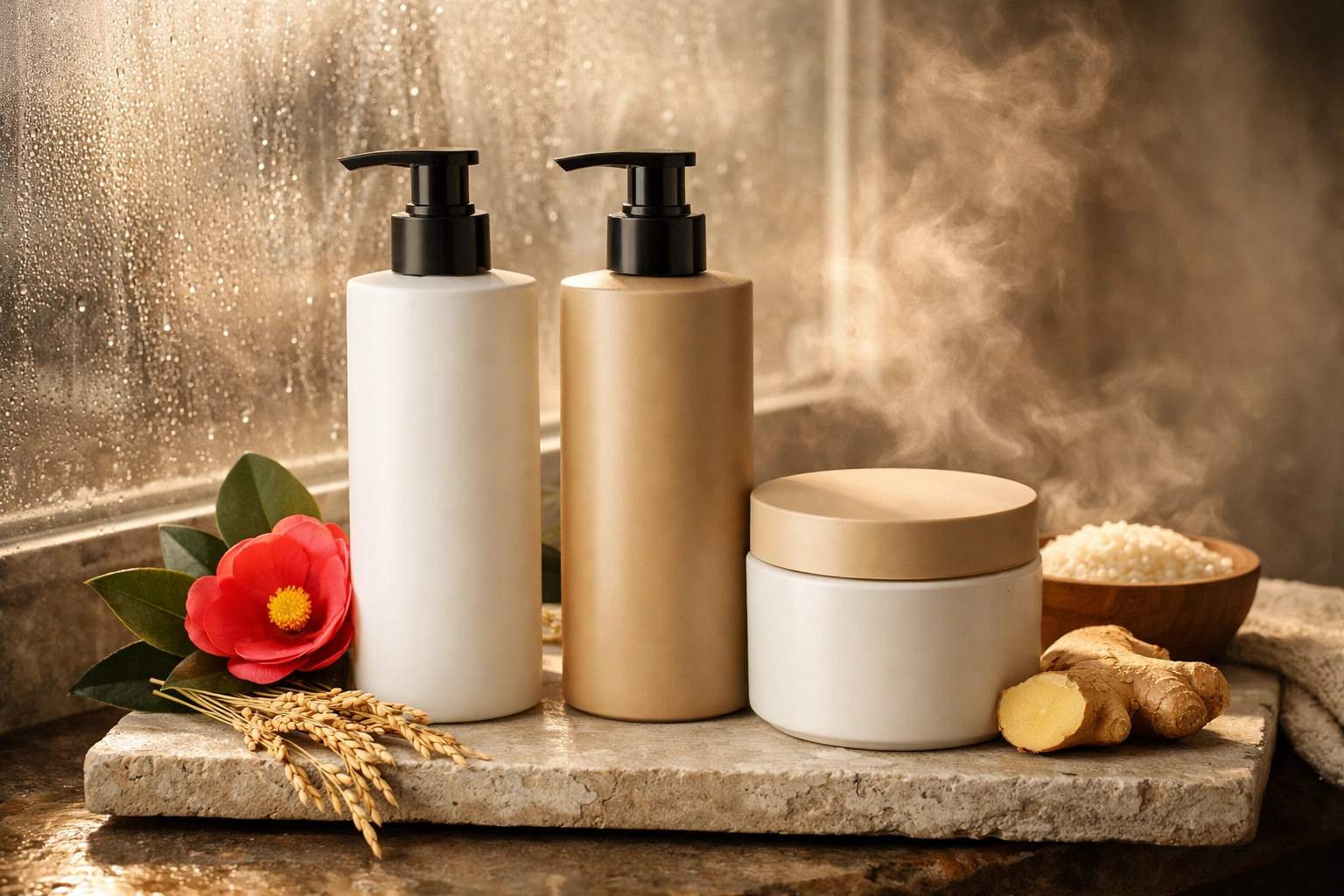 Kumo Luxe clean hair care product lineup arranged in a warm, minimalist lifestyle setting with soft Japanese botanicals.