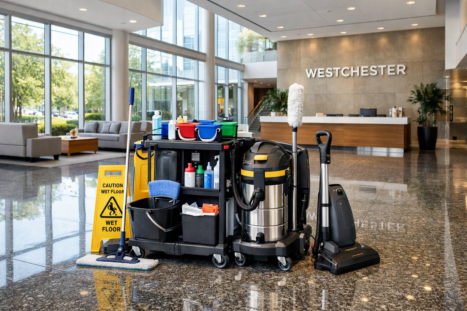 Professional equipment for commercial cleaning services Westchester County NY in a modern office lobby.