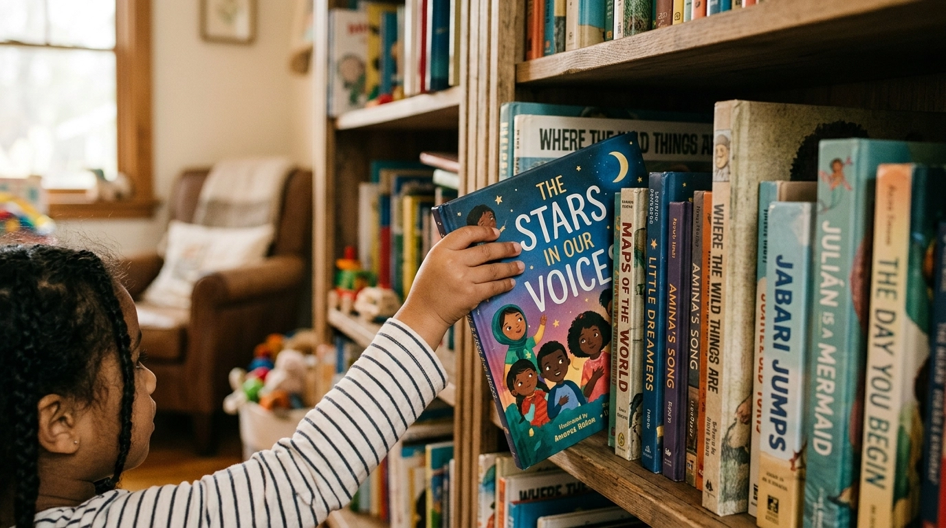 white-bookshelf-diverse-childrens-books-green-wall