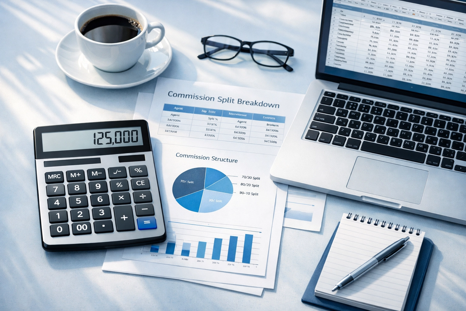 Real estate agent calculating commission splits and brokerage fees at desk