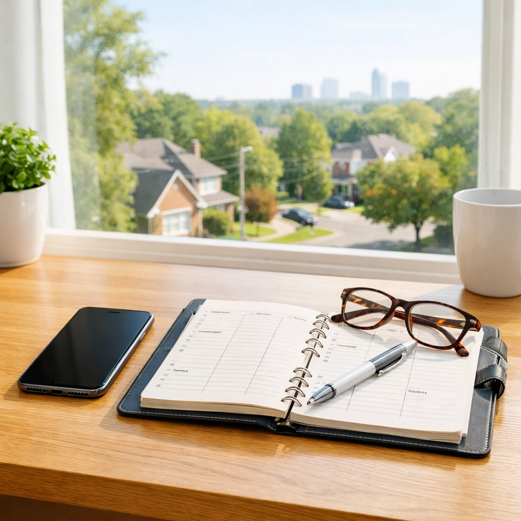 Organized desk with a smartphone and planner for scheduling senior medical transportation in Raleigh.