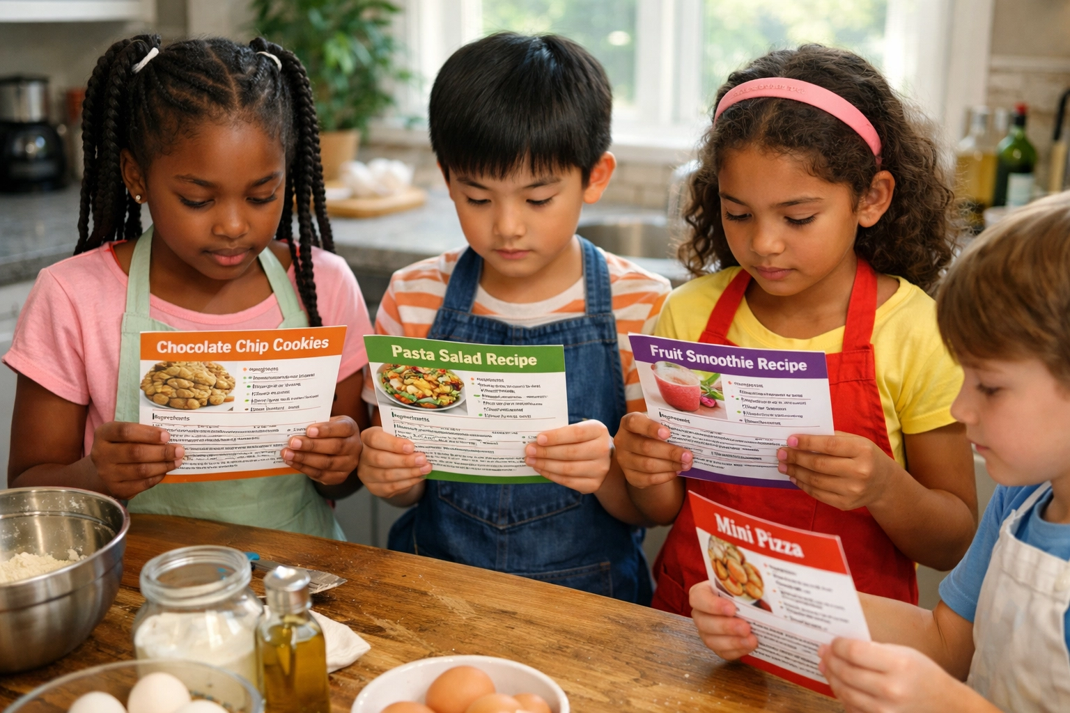 Kinderen lezen samen receptkaarten in de keuken tijdens bakles