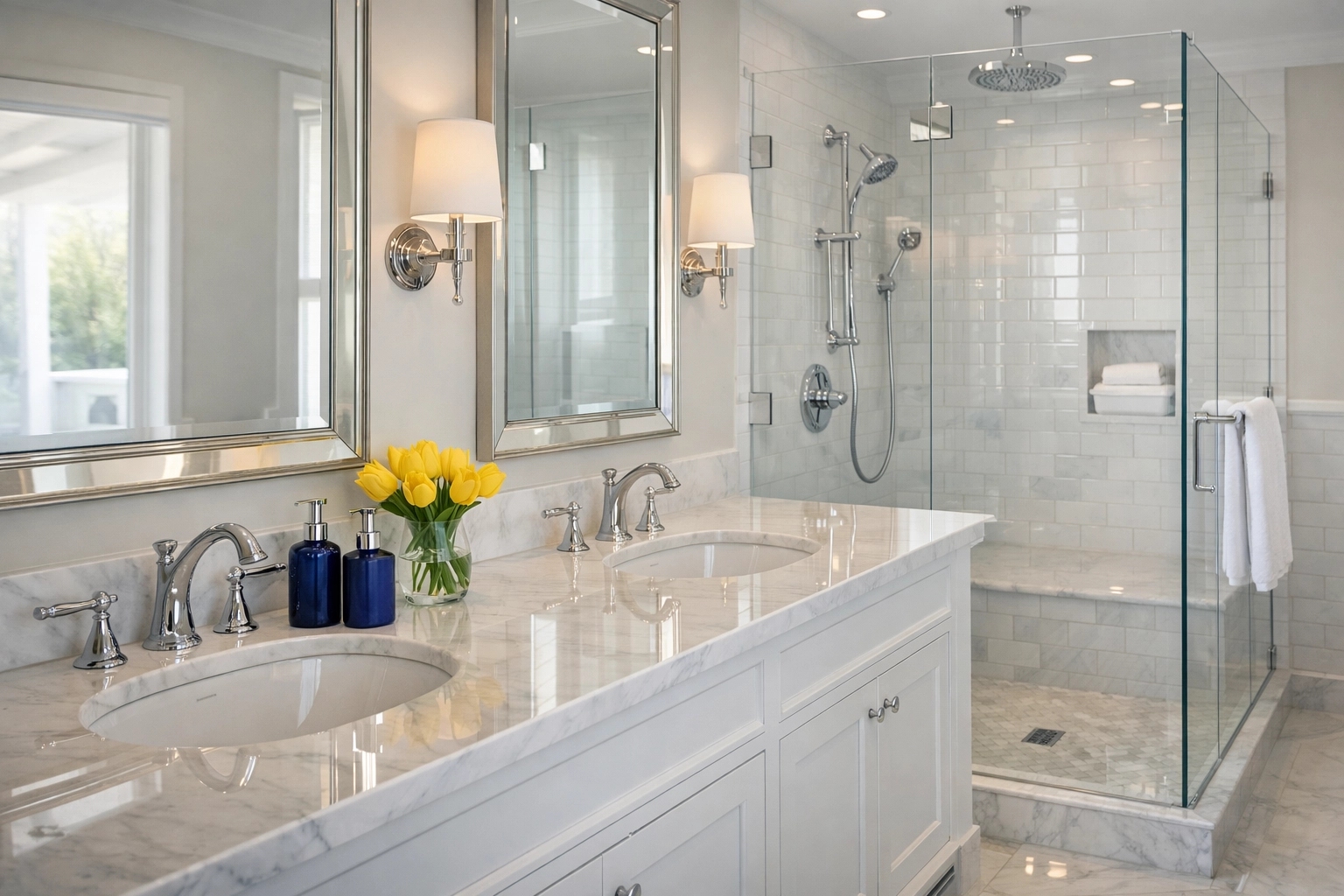 Pristine Westborough master bathroom with marble vanity, perfectly sanitized during weekly house cleaning.