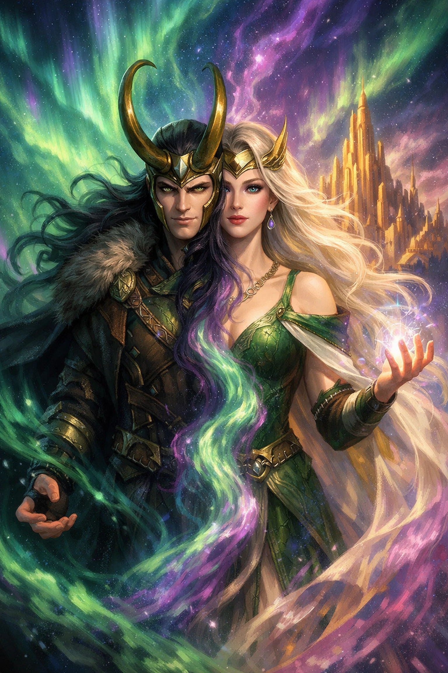 Loki the genderfluid Norse trickster god transforming between male and female forms