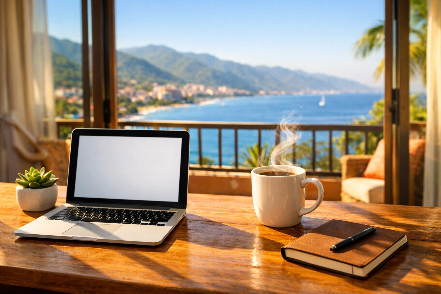 Remote work setup with ocean views from Puerto Vallarta monthly condo rental balcony