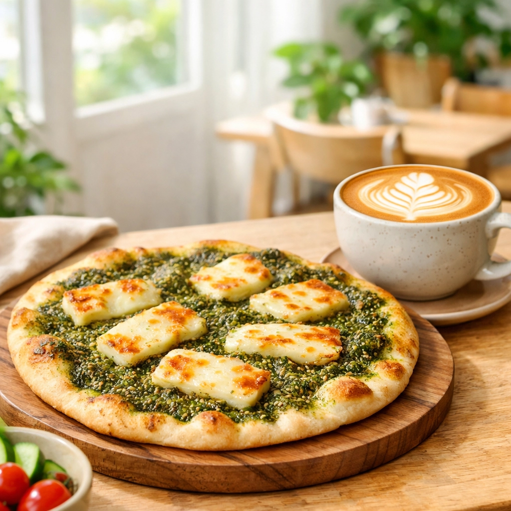 Fresh Lebanese man’ouché with za’atar and coffee at a bright Plateau-Mont-Royal café.