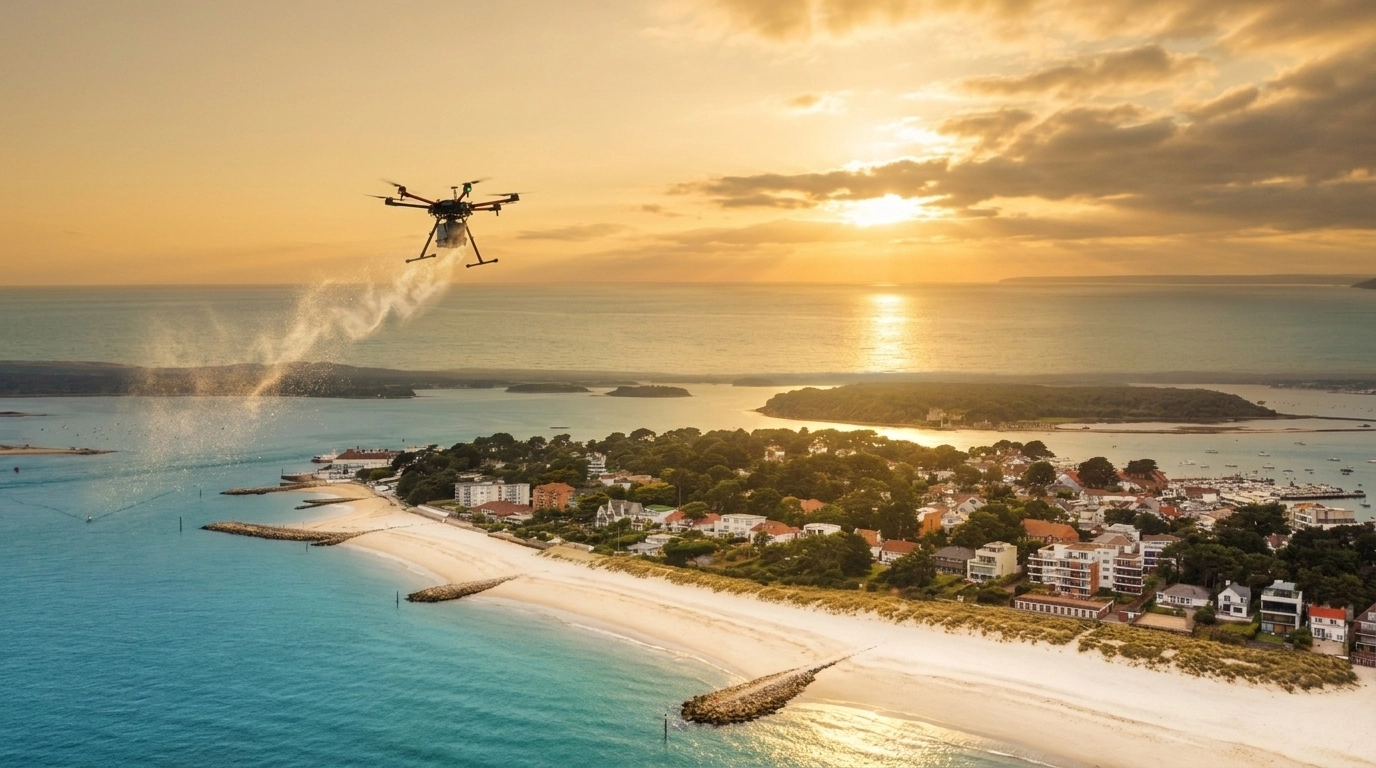 A serene drone ash scattering ceremony over the turquoise waters of Carbis Bay at sunset