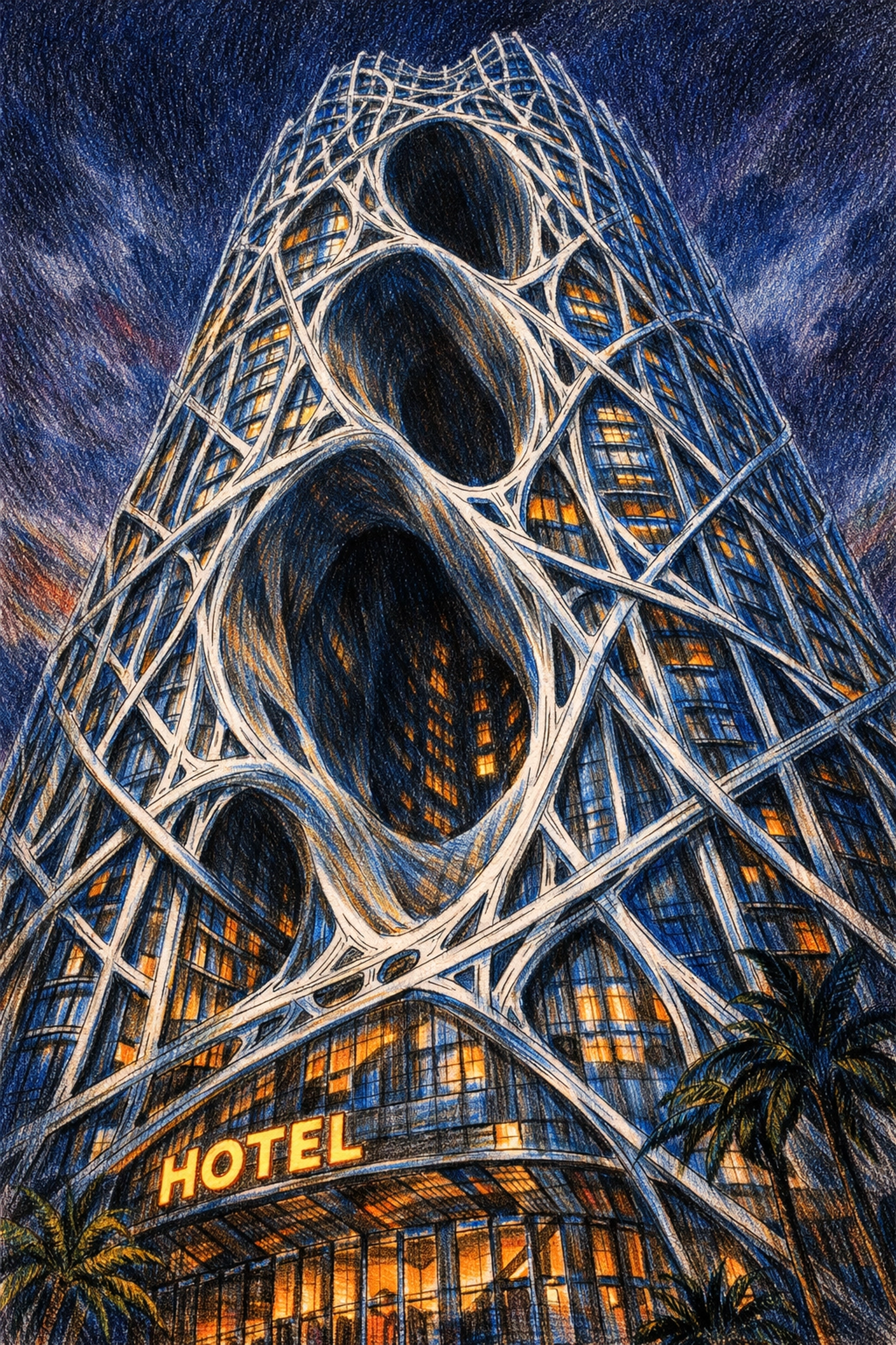 A towering hotel with a web-like exoskeleton and sculptural voids illustrating luxury hospitality design innovation.