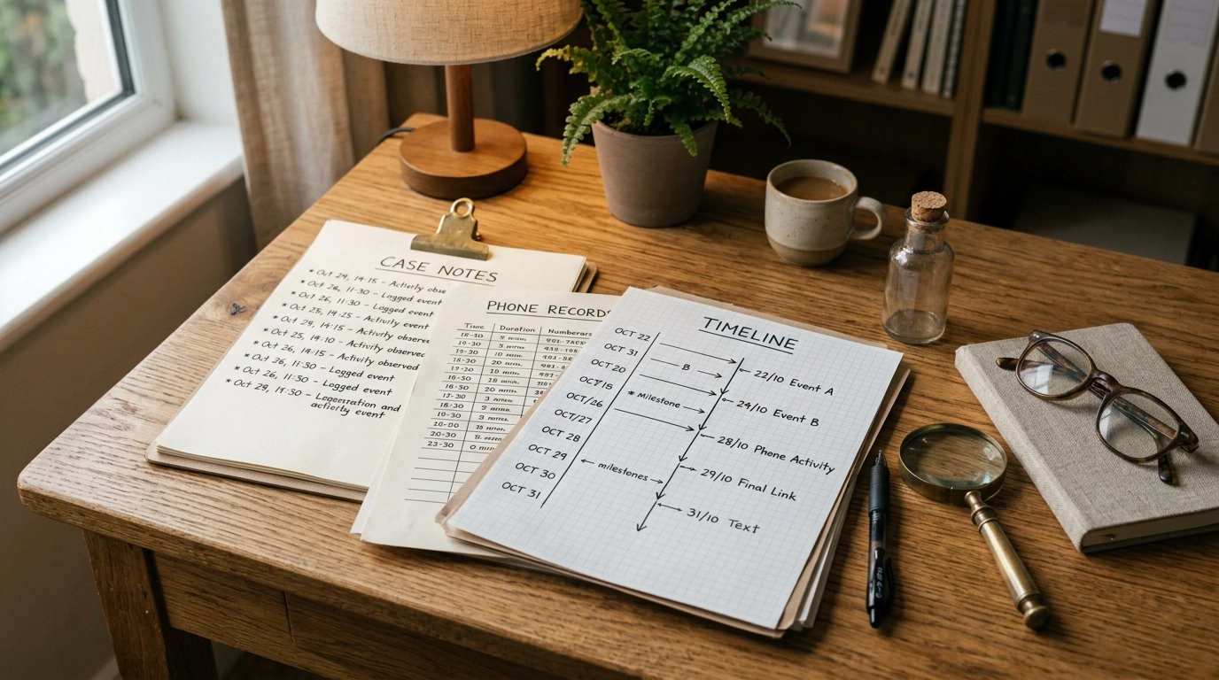Case notes, phone records, and a handwritten timeline on a warm wood desk for corroboration evidence