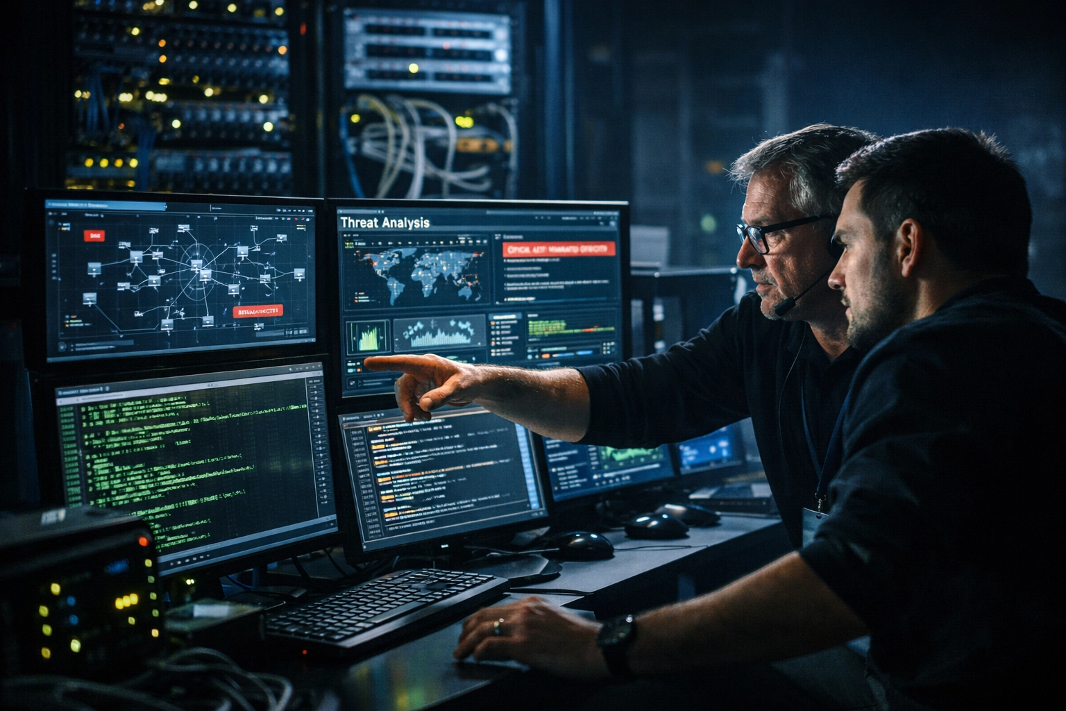 Cybersecurity operations pod featuring network monitoring displays and collaborative team workspace