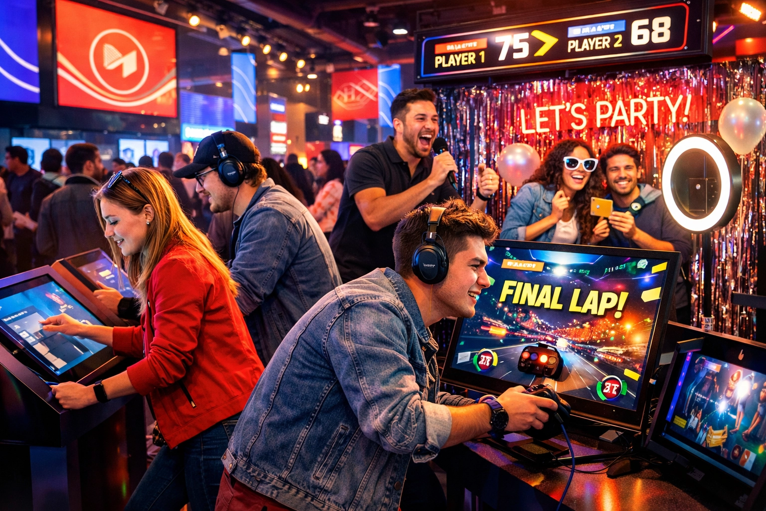 Attendees engaged with interactive brand activation at live event with digital displays