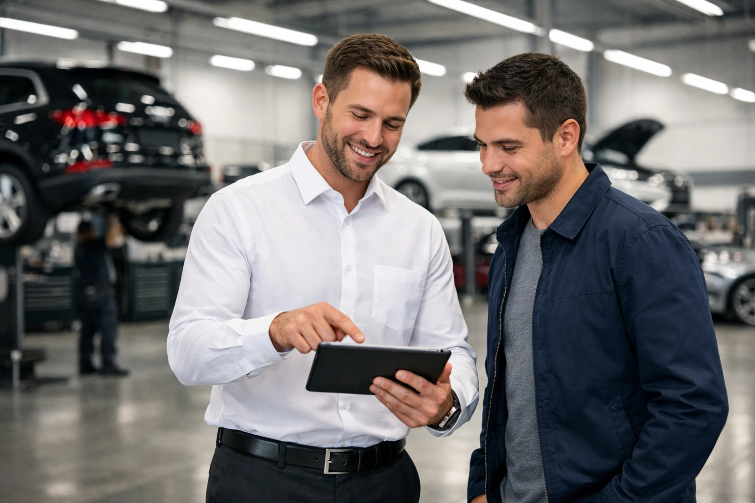 Service advisor and customer discussing vehicle details in a professional automotive service center.