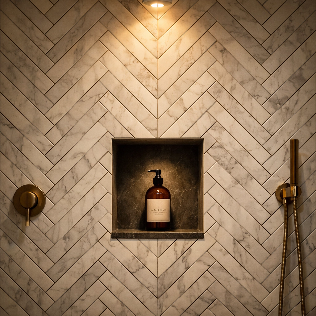 Expertly installed marble tiles in a Bognor Regis bathroom, showing precise grout alignment by local West Sussex builders.