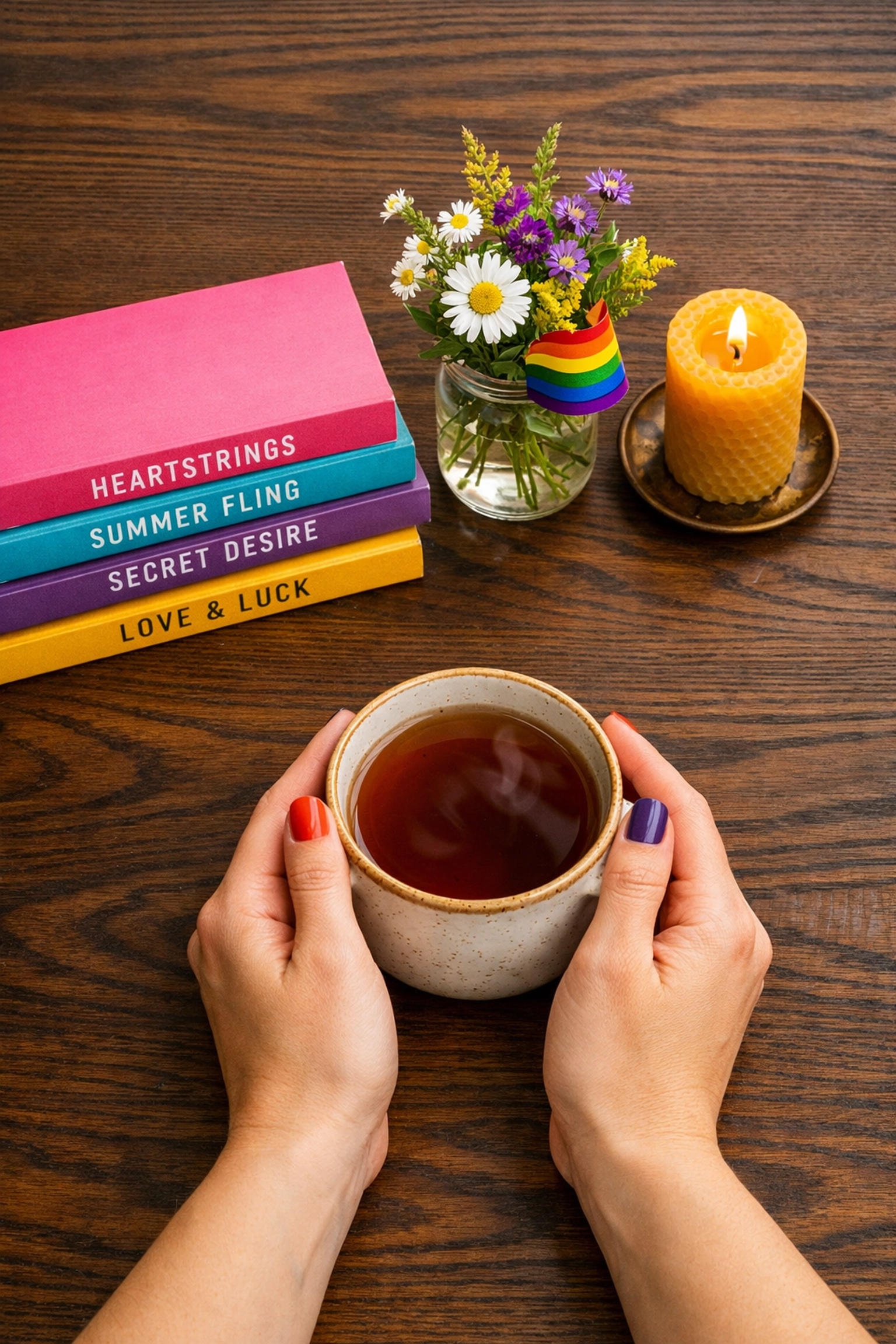 A personal altar with MM romance books and a pride flag, illustrating a unique queer spiritual practice.