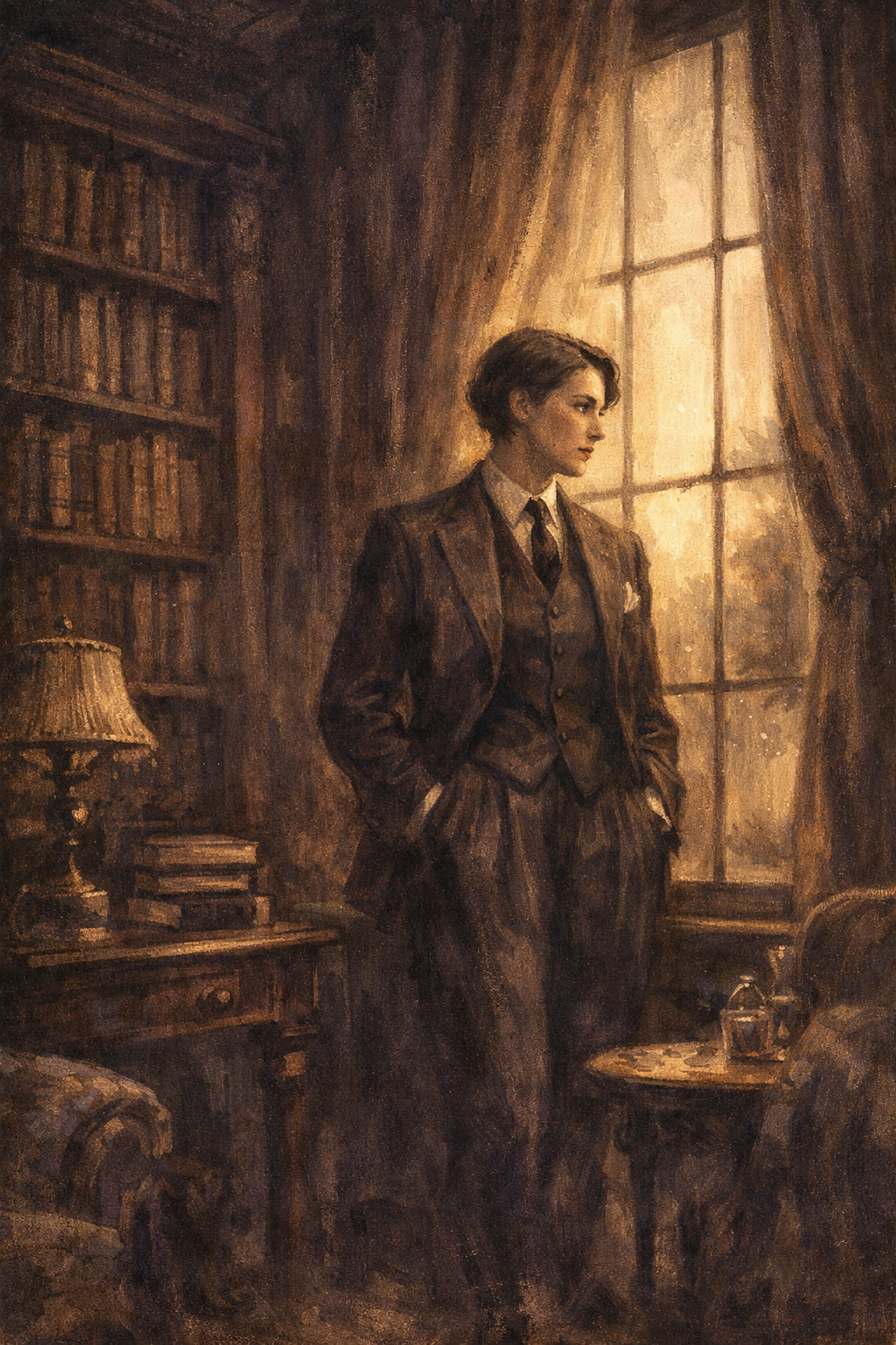 Stephen Gordon character from The Well of Loneliness in 1920s manor library, lesbian literature classic