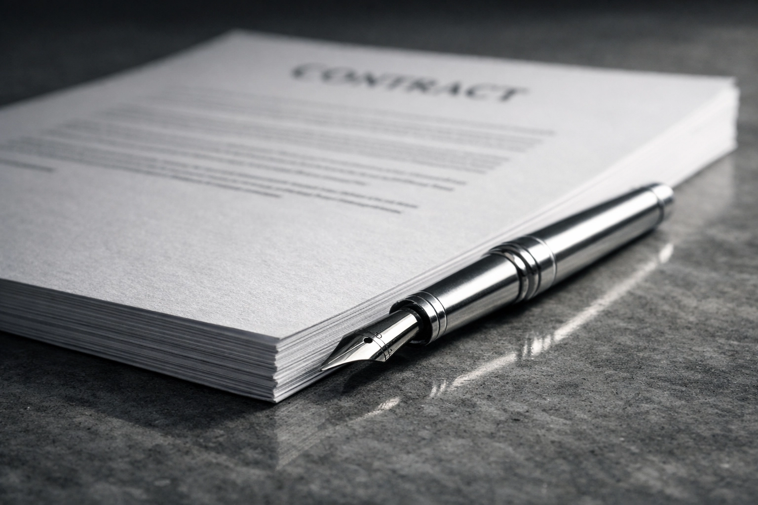 Silver fountain pen on legal documents for Alabama business licensing and regulatory compliance.