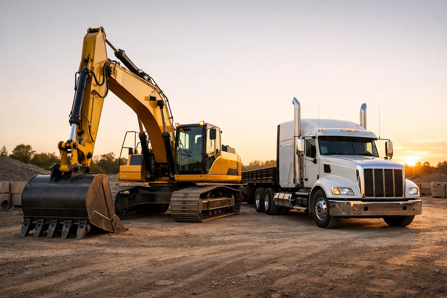 Professional industrial equipment at a construction site, featuring a modern excavator and semi-truck