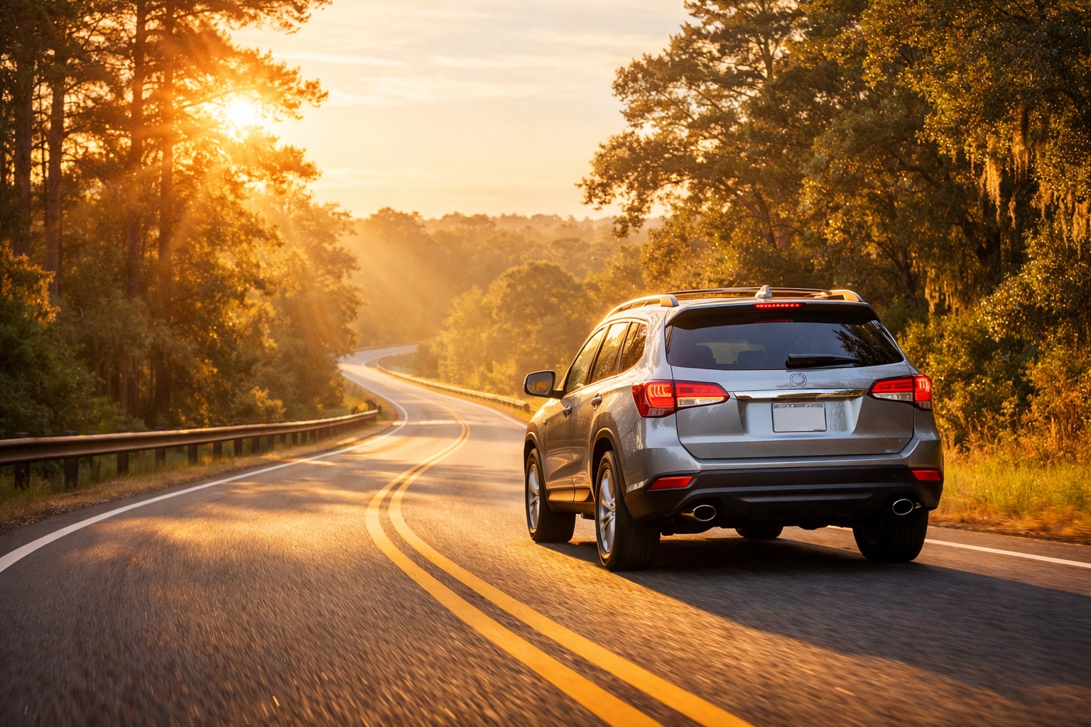SUV driving smoothly on a South Carolina highway with safe, well-maintained tires at sunset.