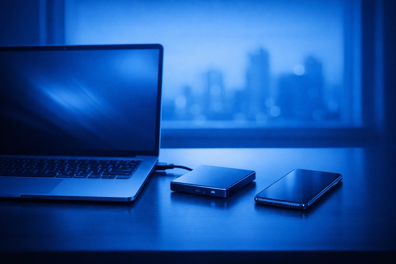 A clean office desk with a laptop and backup drive representing cloud-based data protection.