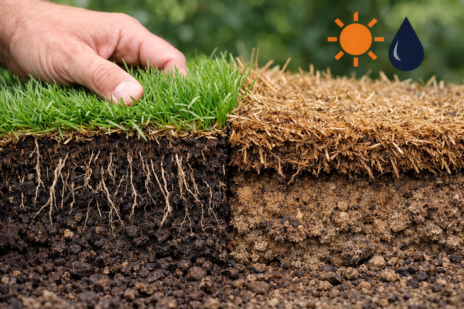 Cross-section showing healthy soil vs a thick layer of lawn thatch blocking water.