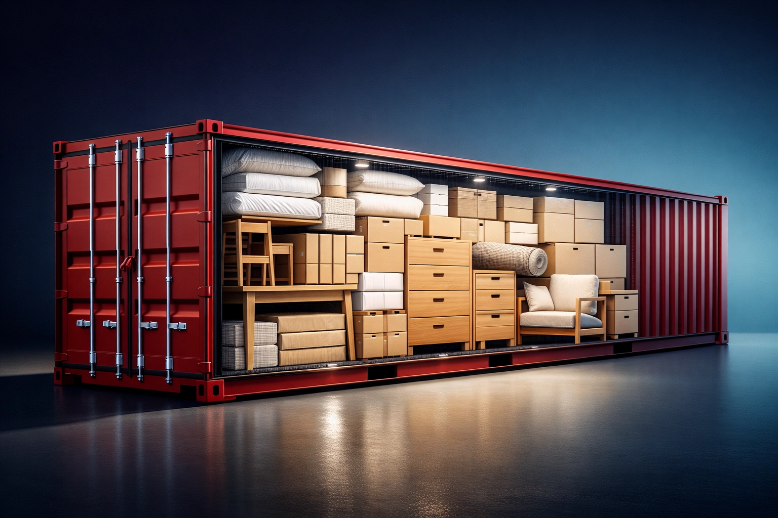 40-foot container loaded with furniture and retail cargo for ocean freight shipping