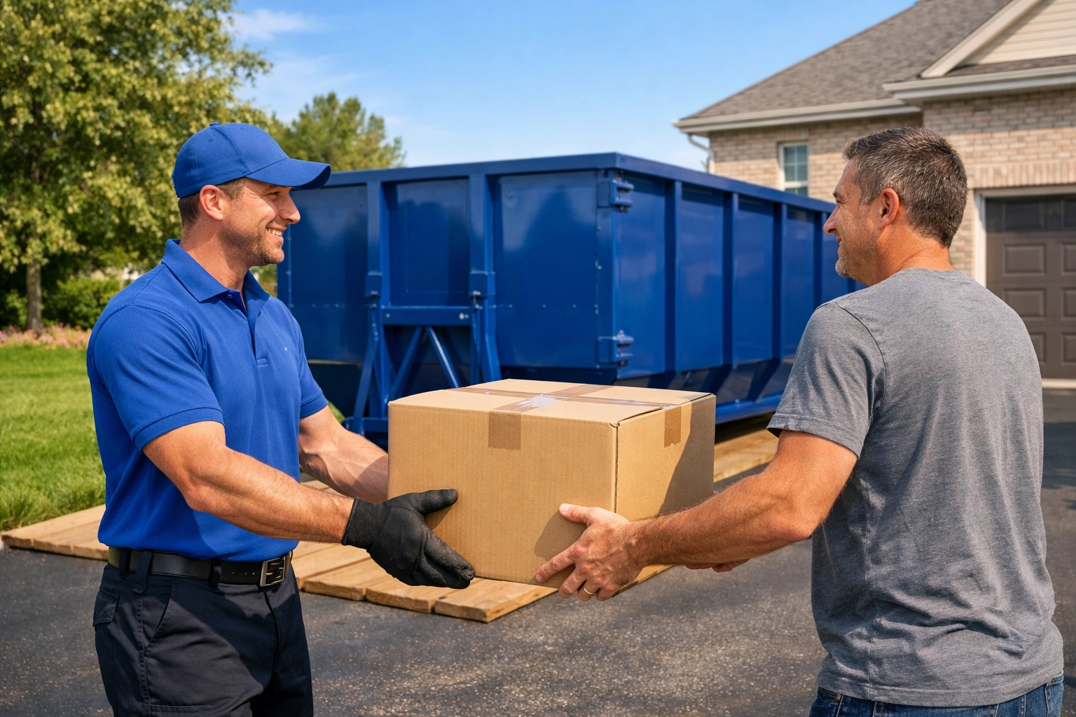 Professional North York estate cleanout with a team loading a driveway-safe blue dumpster.