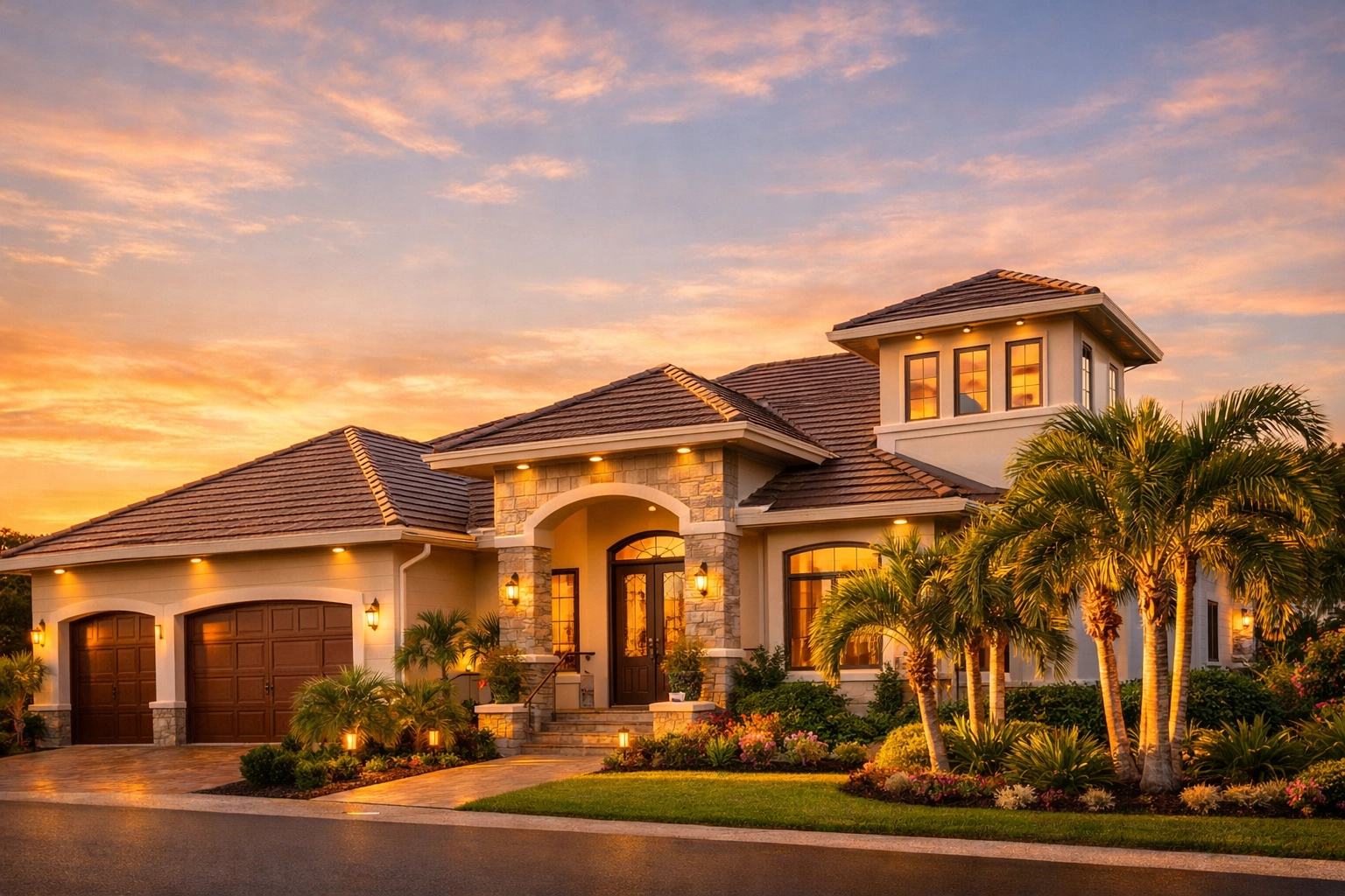 Residential home featuring a professionally installed roof and seamless gutters in Venice FL.