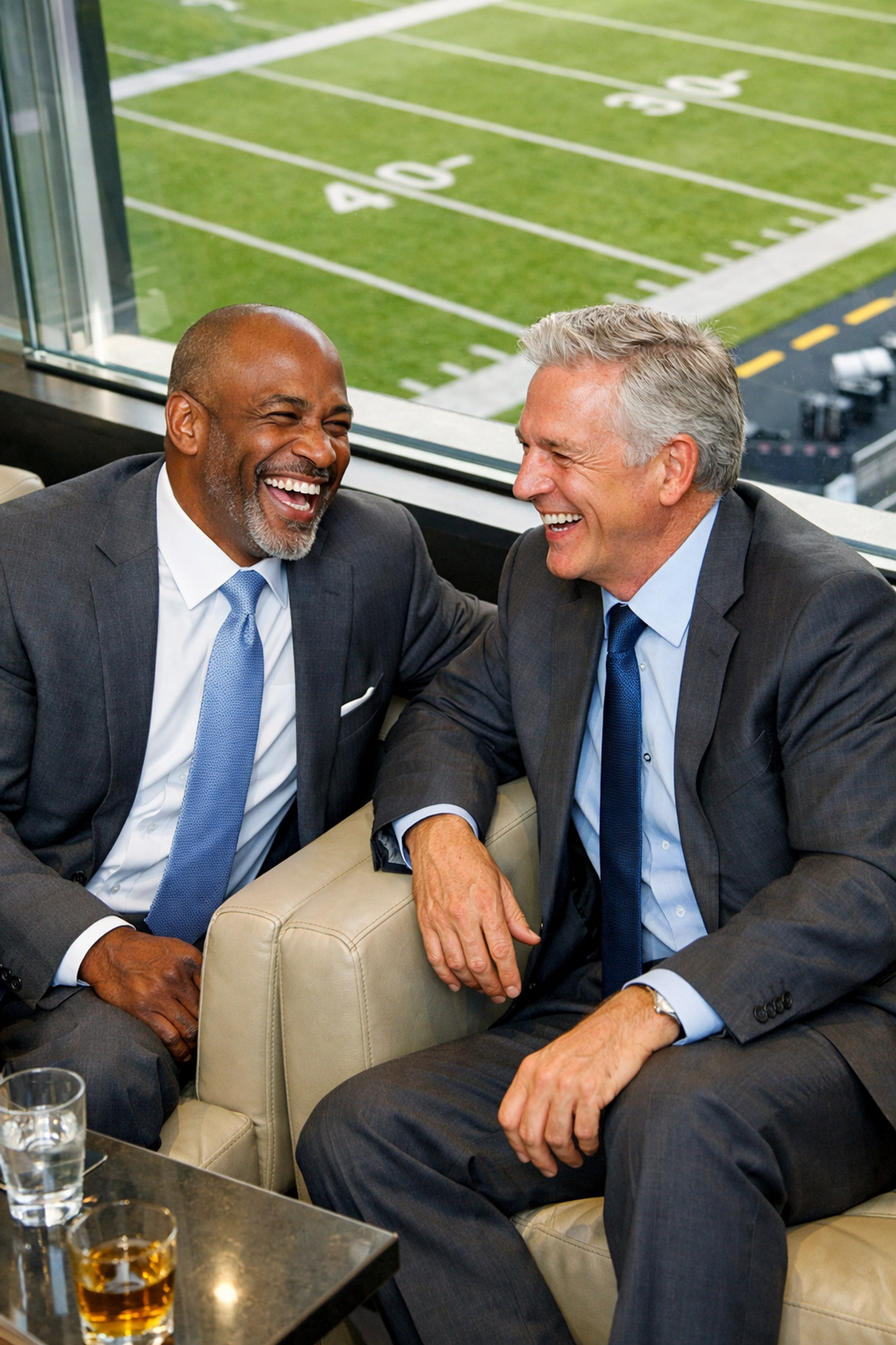 Two business leaders networking in a stadium luxury suite during a Super Bowl corporate hosting event.