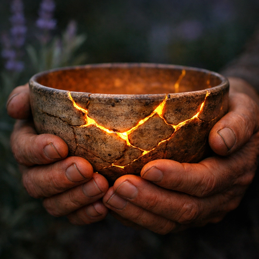 Hands holding a bowl with golden cracks, depicting the healing of core wounds through psychotherapy.