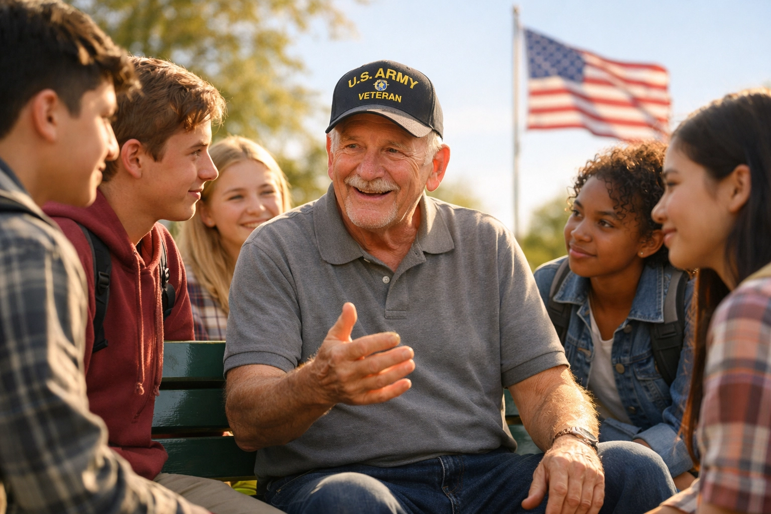U.S. veteran sharing oral history with high school students to inspire patriotic civic engagement.