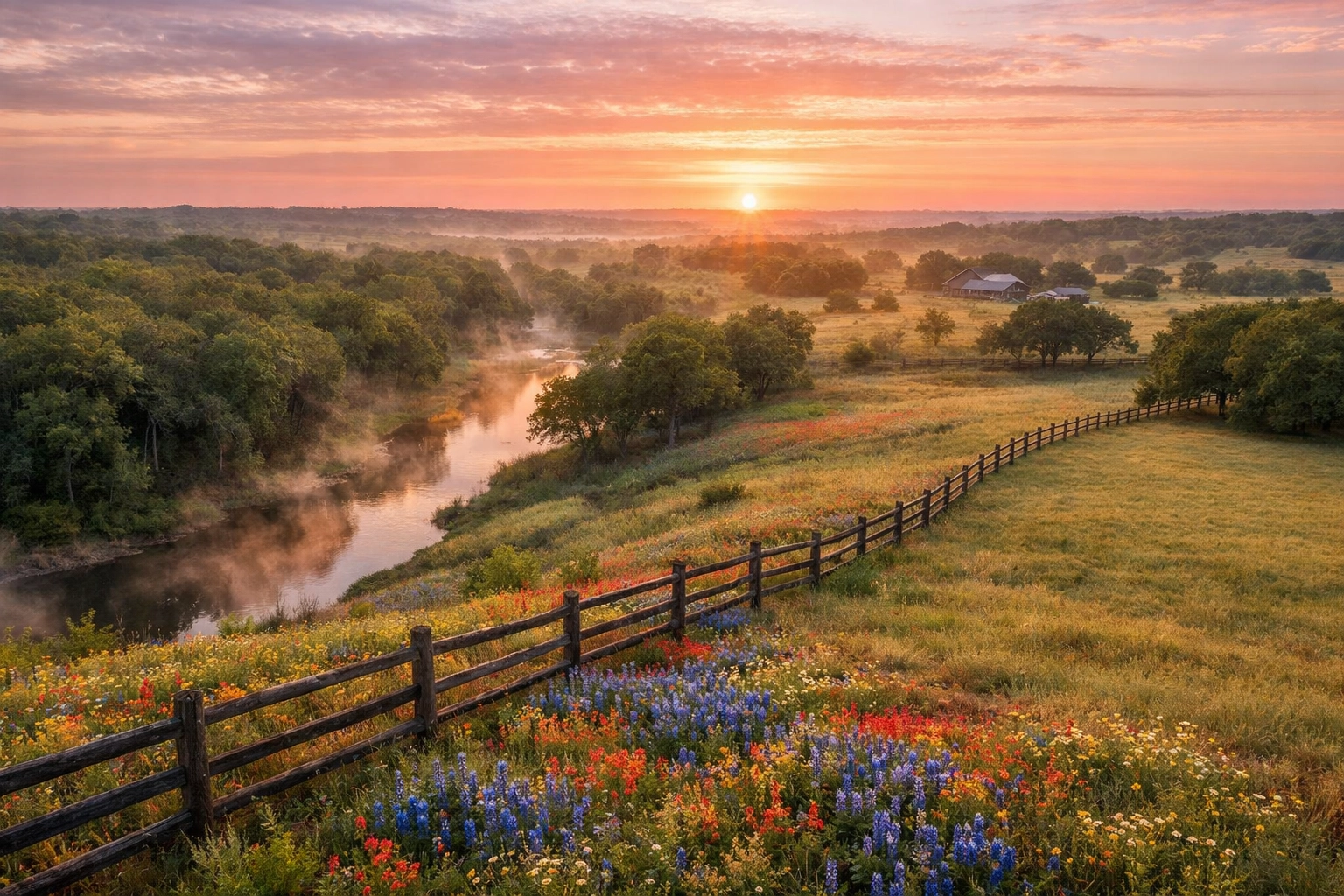 Aerial view of preserved Texas ranch land with conservation easement boundary