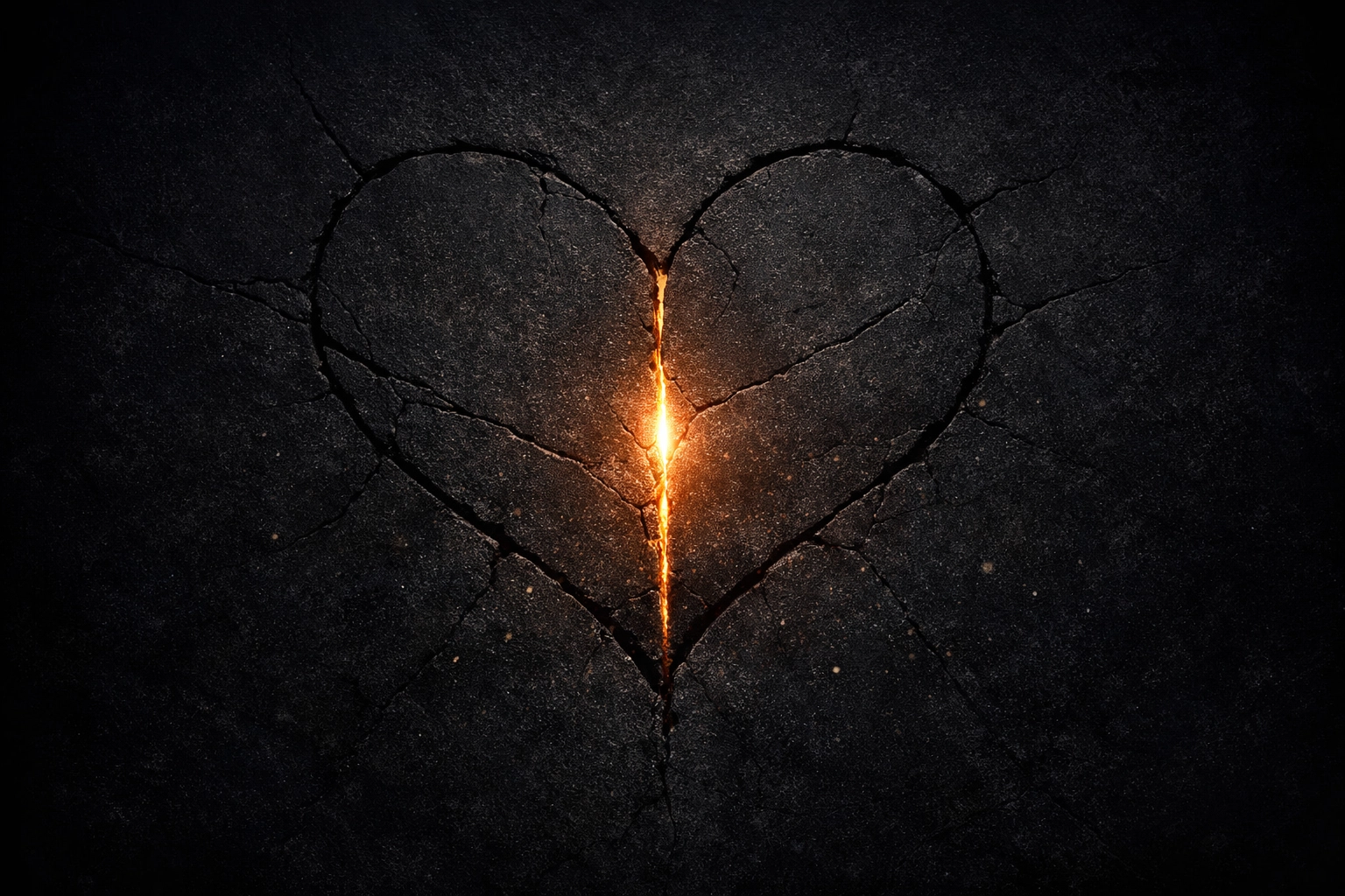 Abstract minimalist cracked-stone heart outline with a thin seam of warm light breaking through, cinematic contrast