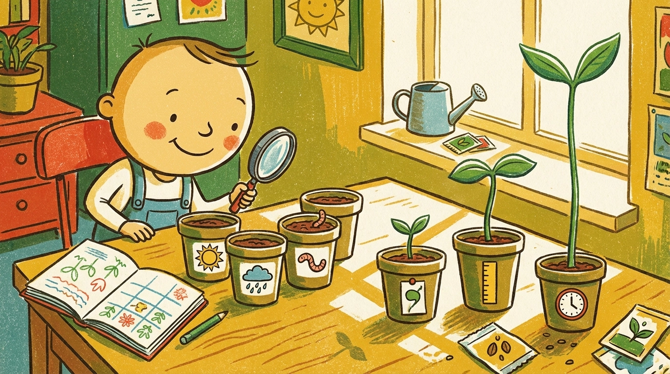 Cartoon child examining four labeled jars to compare seed germination rates in a fun science activity