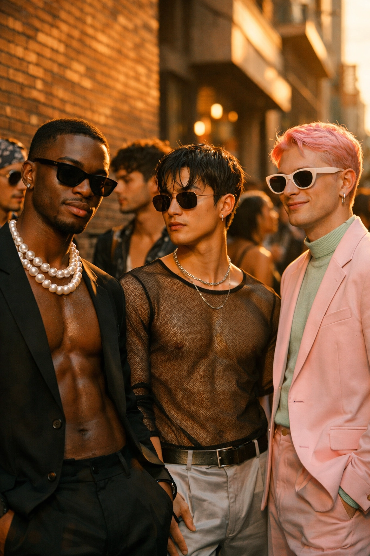 Young men wearing bold queer fashion including mesh tops and pearl necklaces at urban event