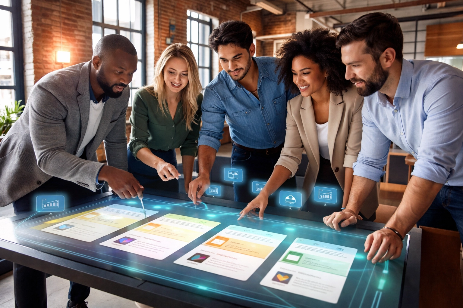 Diverse Philadelphia business team collaborating around a touchscreen lead scoring dashboard in a modern coworking space.