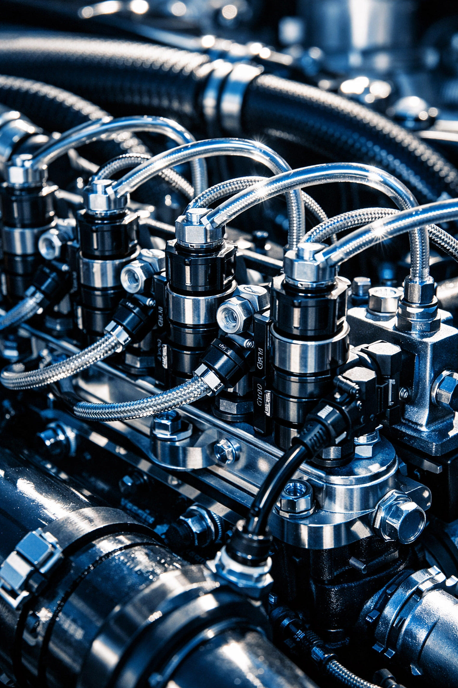 Detailed marine engine fuel system and injectors shown for professional boat repair in Oklahoma City.