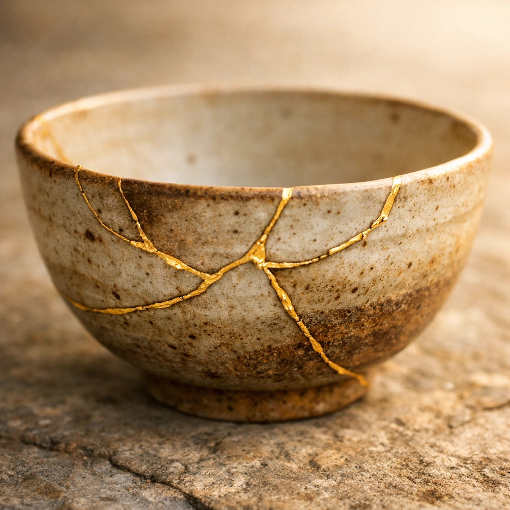 A gold-repaired Kintsugi bowl representing resilience and healing emotional connections in a partnership.