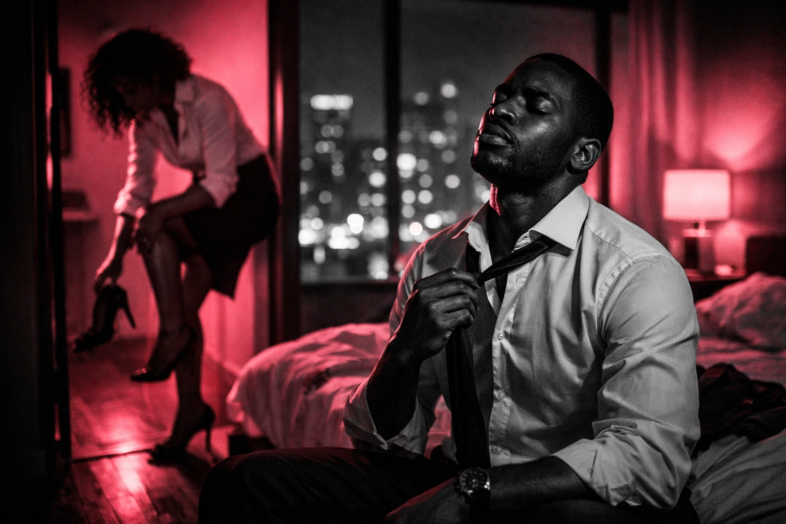 Exhausted Black couple arriving home after long workday in urban apartment