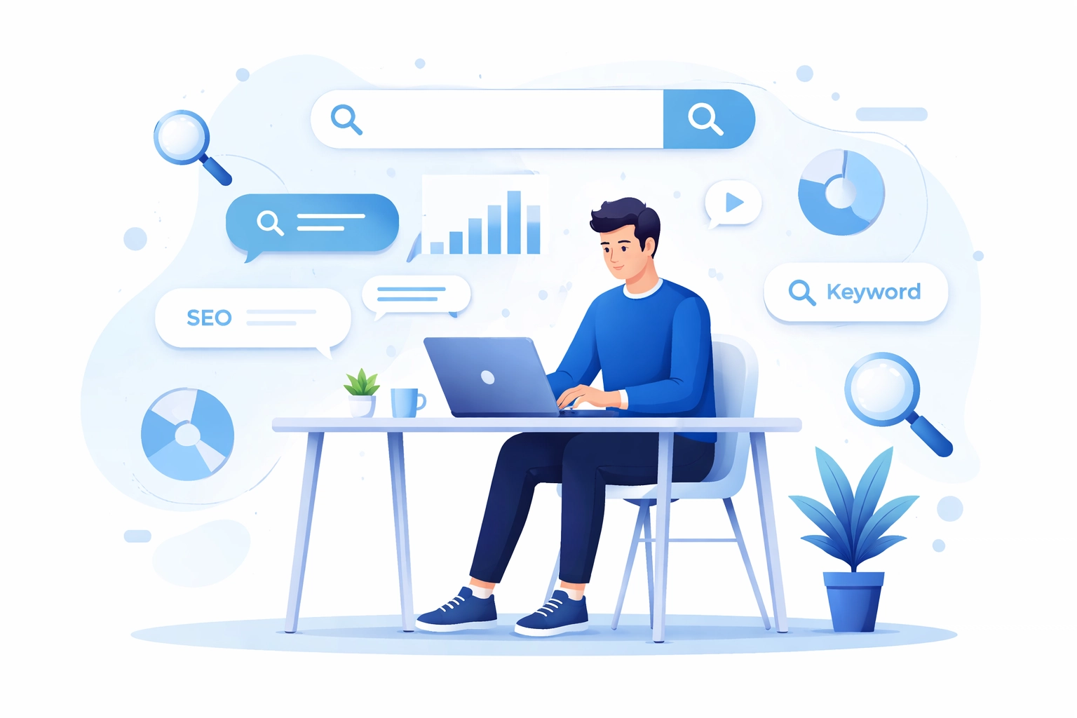 Person at desk researching keywords for SEO and organic traffic growth using a laptop and data charts