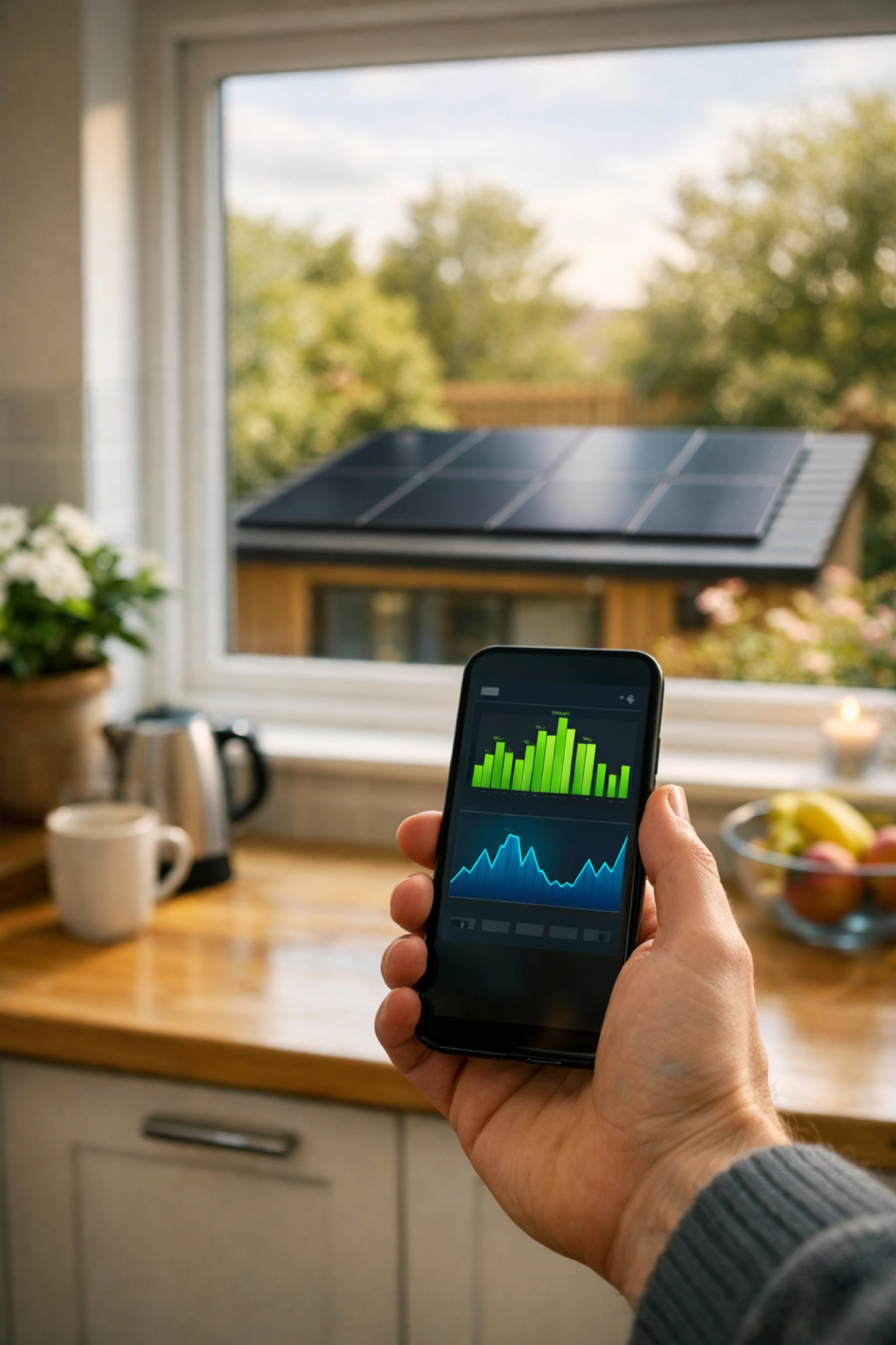UK homeowner using a solar monitoring app to track renewable energy system performance.