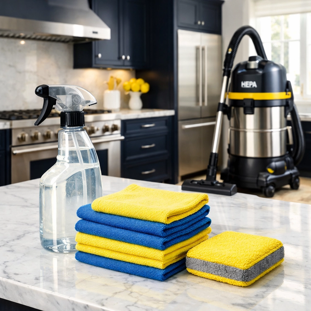 Professional-grade tools used by top house cleaning services MA in a modern white marble kitchen.